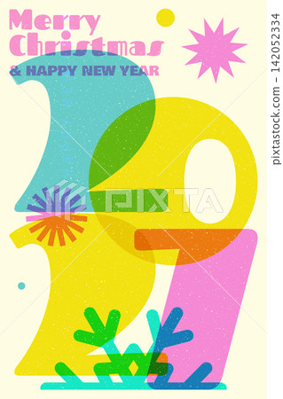 2027 Merry Christmas Happy New Year Poster, Colorful Risograph Style Typography with Retro Numbers, Festive Stars and Holiday Graphic Design 2027 Merry Christmas Happy New Year Poster, Colorful Risograph Style Typography with Retro Numbers, Festive Stars and Holiday Graphic Design 142052334