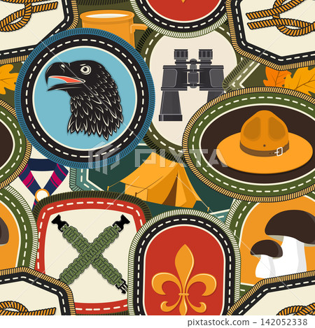 Outdoor Scout Badge Seamless Pattern Vector, Retro Embroidery Patch Texture with Camping, Hiking, Navigation and Wilderness Symbols Outdoor Scout Badge Seamless Pattern Vector, Retro Embroidery Patch Texture with Camping, Hiking, Navigation and Wilderness Symbols 142052338