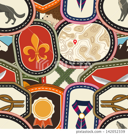 Vintage Camping Patch Seamless Pattern Vector, Retro Scout Embroidery Badge Background with Adventure, Nature, Wildlife and Outdoor Symbols Vintage Camping Patch Seamless Pattern Vector, Retro Scout Embroidery Badge Background with Adventure, Nature, Wildlife and Outdoor Symbols 142052339