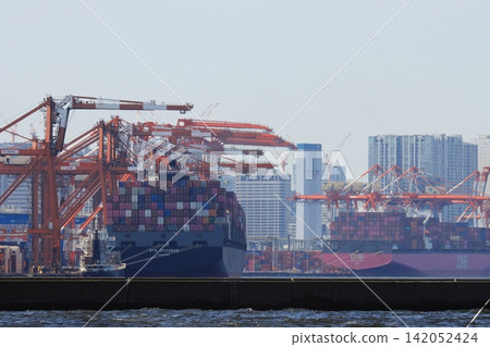 Gantry cranes at the Port of Tokyo Port work Loading and unloading containers from cargo ships Gantry cranes at the Port of Tokyo Port work Loading and unloading containers from cargo ships 142052424