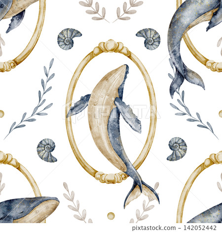 Whale seamless watercolor pattern with golden vintage frames isolated on background. Ocean repeat with sea animals and nautilus for fabric, baby room wallpaper, nursery textiles and wrapping paper. Whale seamless watercolor pattern with golden vintage frames isolated on background. Ocean repeat with sea animals and nautilus for fabric, baby room wallpaper, nursery textiles and wrapping paper. 142052442