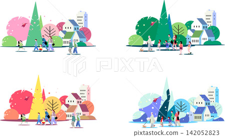 A set of illustrations depicting streetscapes in all four seasons, with people and families walking around. A set of illustrations depicting streetscapes in all four seasons, with people and families walking around. 142052823