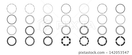 Circular dashed line frames with radial patterns and geometric borders. Modern round shapes, dots, and ornamental outlines for vector graphic designs and decorative elements. Circular dashed line frames with radial patterns and geometric borders. Modern round shapes, dots, and ornamental outlines for vector graphic designs and decorative elements. 142053547