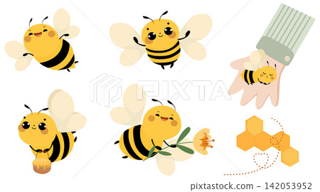Cute cartoon bee collection featuring cheerful honeybees in different poses, a bee with a flower, honey jar, honeycomb and playful decorative elements on a white background Cute cartoon bee collection featuring cheerful honeybees in different poses, a bee with a flower, honey jar, honeycomb and playful decorative elements on a white background 142053952
