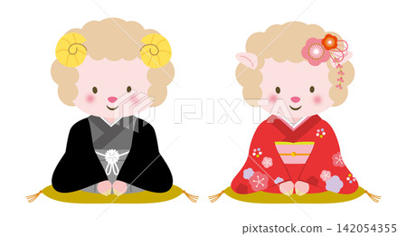 [Chinese Zodiac] A sheep couple wearing a haori and hakama and a furisode kimono - Greetings - Kimono 142054355