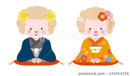 [Chinese Zodiac] A sheep couple wearing a haori and hakama and a furisode kimono - Greetings - Kimono 142054356