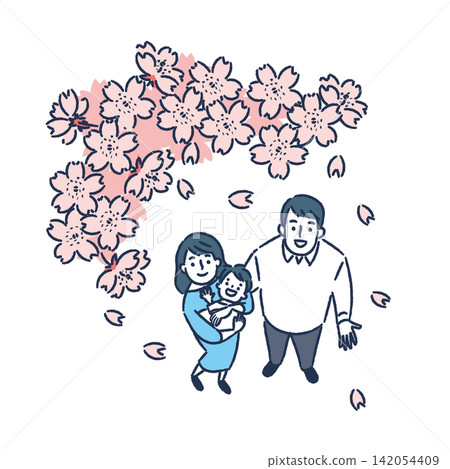 一組以櫻花、一對年輕夫婦和一個嬰兒為主題的場景。 142054409