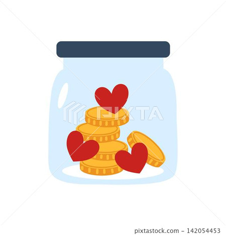 donation jar with coins and hearts illustration, nonprofit, giving donation jar with coins and hearts illustration, nonprofit, giving 142054453