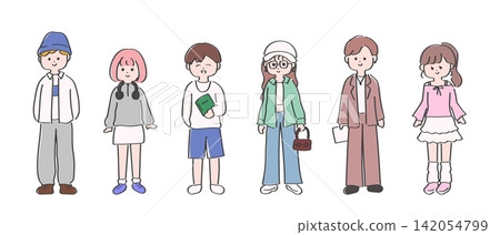 一組可愛的手繪大學生時尚搭配插圖。 一組可愛的手繪大學生時尚搭配插圖。 142054799