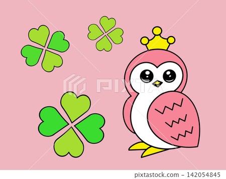 An adorable pink owl wearing a crown, and a four-leaf clover. An adorable pink owl wearing a crown, and a four-leaf clover. 142054845