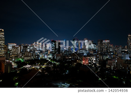 Tokyo: The illuminated Tokyo Skytree and the nighttime cityscape viewed from Shiba Park. 142054936