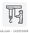 Steel worker operating overhead crane for industrial material handling and lifting icon 142055004