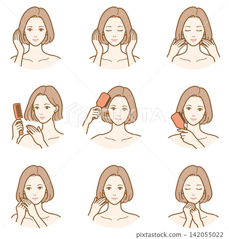 A set of illustrations of a woman with long hair doing hair care. A set of illustrations of a woman with long hair doing hair care. 142055022