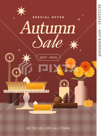Autumn Sale Promotion Banner Template with Pumpkin Pie and Flowers Illustration Autumn Sale Promotion Banner Template with Pumpkin Pie and Flowers Illustration 142055539