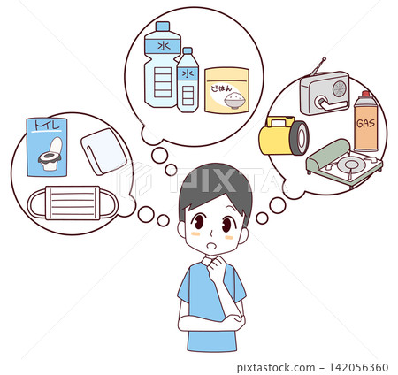 圖解:一名男子正在思考災難緊急物資。 圖解:一名男子正在思考災難緊急物資。 142056360