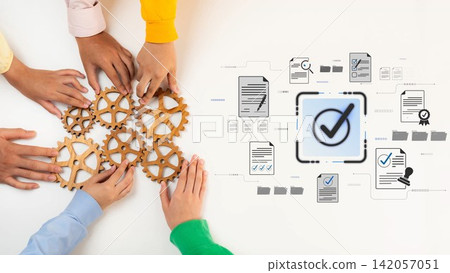 Diverse hands interact with gears and digital checkmarks, symbolizing teamwork and efficiency in project management and collaborative processes for success and innovation. Sigmoid 142057051