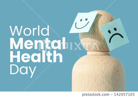 World Mental Health day. Wooden figure displays happy and sad face sticky notes World Mental Health day. Wooden figure displays happy and sad face sticky notes 142057105