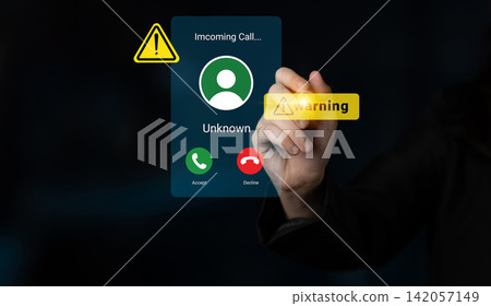 Digital interface showing incoming call from unknown number with warning symbol, emphasizing caution in telecommunications and communication security Gantry Digital interface showing incoming call from unknown number with warning symbol, emphasizing caution in telecommunications and communication security Gantry 142057149