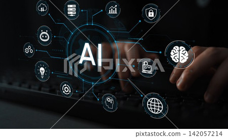 Hands Typing on Keyboard with AI Icons and Data Visualization Elements Representing Artificial Intelligence Concepts in Digital Workspace. Entropy Hands Typing on Keyboard with AI Icons and Data Visualization Elements Representing Artificial Intelligence Concepts in Digital Workspace. Entropy 142057214