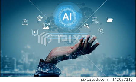 Futuristic Hand Reaching Out to AI Technology Icons Representing Digital Innovation and Automation Against a Urban Night Cityscape Background Gluon Futuristic Hand Reaching Out to AI Technology Icons Representing Digital Innovation and Automation Against a Urban Night Cityscape Background Gluon 142057216