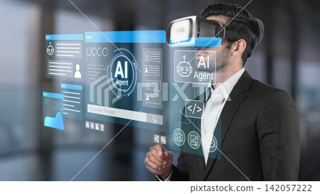 Businessman Engaged in Virtual Reality Experience with AI Interface and Futuristic Technology Concept in Modern Office Environment. Entropy Businessman Engaged in Virtual Reality Experience with AI Interface and Futuristic Technology Concept in Modern Office Environment. Entropy 142057222