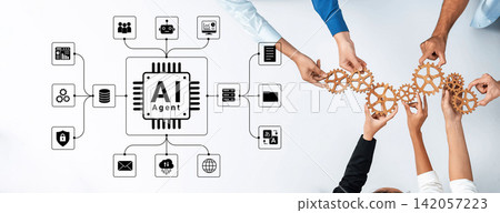 Hands of diverse individuals collaboratively building a concept of AI agent with gears and technology icons representing data management and automation processes. Glyphic Hands of diverse individuals collaboratively building a concept of AI agent with gears and technology icons representing data management and automation processes. Glyphic 142057223