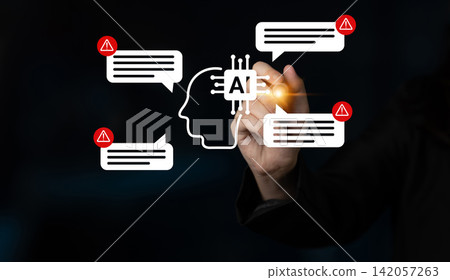 Conceptual visualization of artificial intelligence communication with warning symbols, illustrating technological challenges and human interaction in automation Gantry Conceptual visualization of artificial intelligence communication with warning symbols, illustrating technological challenges and human interaction in automation Gantry 142057263