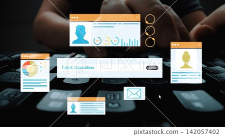 Digital Recruitment and Talent Acquisition Concept with Search Interface Overlaid on Keyboard, Showcasing User Profiles and Analytics. Entropy Digital Recruitment and Talent Acquisition Concept with Search Interface Overlaid on Keyboard, Showcasing User Profiles and Analytics. Entropy 142057402
