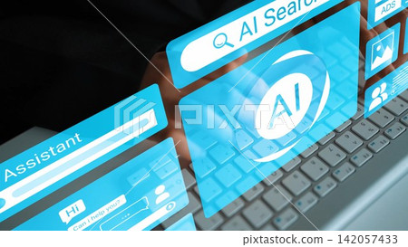 Modern digital interface showcasing AI technology with search, assistance and advertising features on a sleek keyboard setup against a blurred background. Gluon Modern digital interface showcasing AI technology with search, assistance and advertising features on a sleek keyboard setup against a blurred background. Gluon 142057433