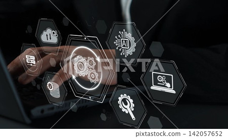 A business professional actively engages with a digital interface displaying artificial intelligence and data analysis elements, emphasizing modern technological innovation and productivity. Sigmoid A business professional actively engages with a digital interface displaying artificial intelligence and data analysis elements, emphasizing modern technological innovation and productivity. Sigmoid 142057652
