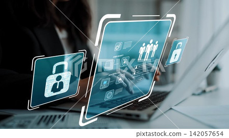 Woman Using Laptop with Cybersecurity Icons Representing Digital Protection and Privacy in Modern Business Environment Gluon Woman Using Laptop with Cybersecurity Icons Representing Digital Protection and Privacy in Modern Business Environment Gluon 142057654