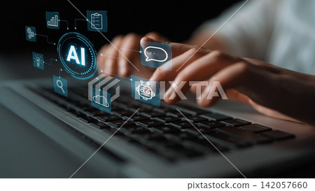 Hands Typing on Laptop with AI Icons and Digital Interface Representing Innovation and Technology in Modern Communication and Business Solutions. Entropy Hands Typing on Laptop with AI Icons and Digital Interface Representing Innovation and Technology in Modern Communication and Business Solutions. Entropy 142057660