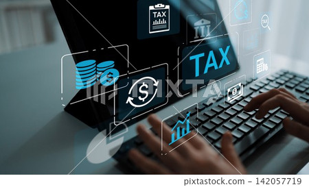 Modern Digital Tax Management and Financial Planning with Graphs and Icons on Laptop Screen for Business and Personal Finance Strategies. Entropy 142057719