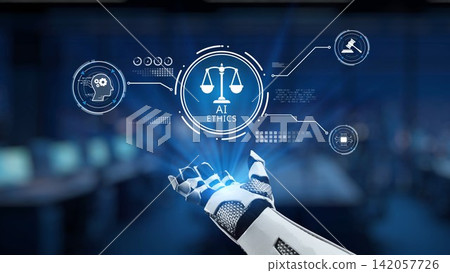 Futuristic Robotic Hand Symbolizing AI Ethics with Scales of Justice in a Digital Environment for Technology and Law Representation Synapse Futuristic Robotic Hand Symbolizing AI Ethics with Scales of Justice in a Digital Environment for Technology and Law Representation Synapse 142057726