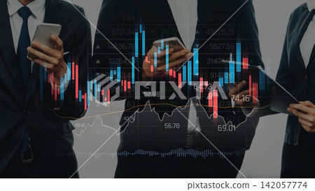 Business professionals analyzing stock market trends with financial charts and data on screen, showcasing investment strategies and modern technology. Raster 142057774