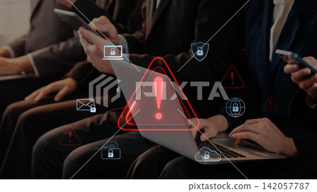 Business People Using Electronic Devices with Warning Icon and Security Symbols in Modern Office Setting Highlighting Cybersecurity Risks and Concerns. Raster Business People Using Electronic Devices with Warning Icon and Security Symbols in Modern Office Setting Highlighting Cybersecurity Risks and Concerns. Raster 142057787