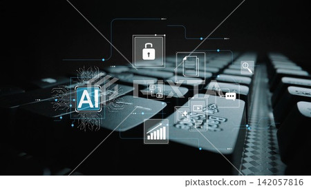 Modern Technology Concept Featuring AI Symbol, Digital Icons, Cyber Security Elements, and Graphical Visualization Over Keyboard Background for Innovation Gluon Modern Technology Concept Featuring AI Symbol, Digital Icons, Cyber Security Elements, and Graphical Visualization Over Keyboard Background for Innovation Gluon 142057816