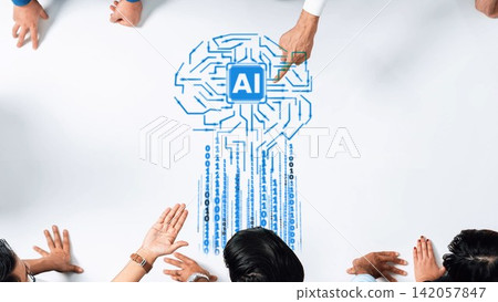 Human Hands Collaborating on Artificial Intelligence Concept with Digital Brain Imagery and Data Flow Representations Gluon Human Hands Collaborating on Artificial Intelligence Concept with Digital Brain Imagery and Data Flow Representations Gluon 142057847