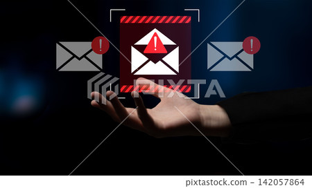 Digital hand presenting a warning message about suspicious emails, email security concept, cybersecurity awareness with alert notifications and digital symbols Gantry Digital hand presenting a warning message about suspicious emails, email security concept, cybersecurity awareness with alert notifications and digital symbols Gantry 142057864