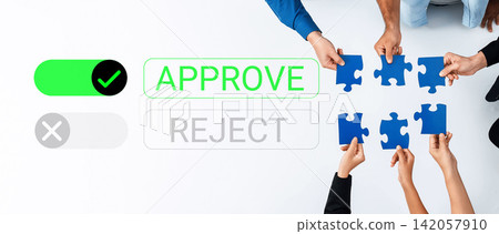 Hands Engaging with Puzzle Pieces and Approval Reject Options in Business Decision Making Context. Glyphic Hands Engaging with Puzzle Pieces and Approval Reject Options in Business Decision Making Context. Glyphic 142057910