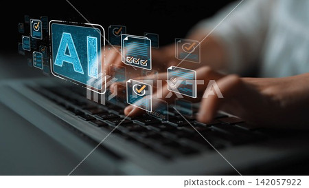 A close-up view of hands typing on a laptop keyboard, surrounded by glowing AI symbols and digital interfaces, showcasing modern technology and the innovation behind data processing. Sigmoid A close-up view of hands typing on a laptop keyboard, surrounded by glowing AI symbols and digital interfaces, showcasing modern technology and the innovation behind data processing. Sigmoid 142057922