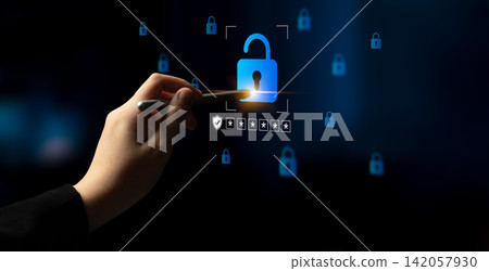 Digital Security Concept with Lock Symbol and Hand Initiating Protection on a Virtual Interface in a Blue Themed Background Cyphers. Digital Security Concept with Lock Symbol and Hand Initiating Protection on a Virtual Interface in a Blue Themed Background Cyphers. 142057930