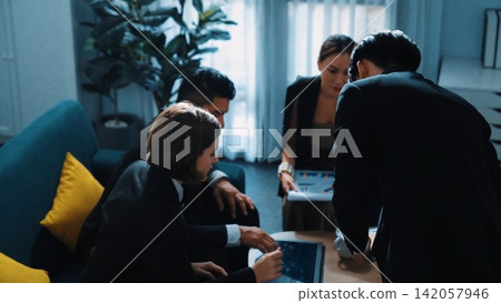 Top view of skilled businessman sharing plan to diverse investors. Directorate. Top view of skilled businessman sharing plan to diverse investors. Directorate. 142057946