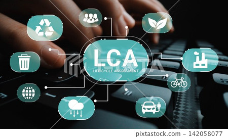 Life Cycle Assessment Concept with Icons Showing Sustainable Practices, Recycling, Green Technology, and Environmental Awareness on a Computer Keyboard Gluon 142058077