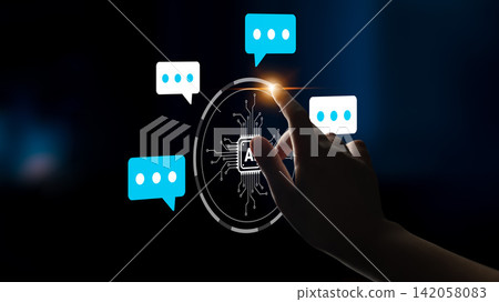 Hand Interacting with Digital Interface Featuring Chat Bubbles and Circuit Design Representing Communication and Technology Innovations Ledger Hand Interacting with Digital Interface Featuring Chat Bubbles and Circuit Design Representing Communication and Technology Innovations Ledger 142058083