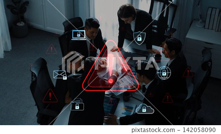 Business Team Meeting with Security Risk Alert Icon Overlaid on Table, Emphasizing Cybersecurity Concerns and Collaborative Discussion. Raster Business Team Meeting with Security Risk Alert Icon Overlaid on Table, Emphasizing Cybersecurity Concerns and Collaborative Discussion. Raster 142058090