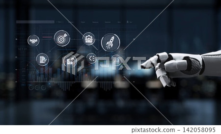 Futuristic Robot Hand Interacting with Digital Dashboard Displaying Business and Technology Icons in a Modern Office Environment Synapse Futuristic Robot Hand Interacting with Digital Dashboard Displaying Business and Technology Icons in a Modern Office Environment Synapse 142058095