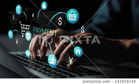 Hands Typing on Laptop with Payment Symbols and Graphics Indicating Successful Online Transactions, E-Commerce Concepts and Digital Payments Gluon Hands Typing on Laptop with Payment Symbols and Graphics Indicating Successful Online Transactions, E-Commerce Concepts and Digital Payments Gluon 142058148