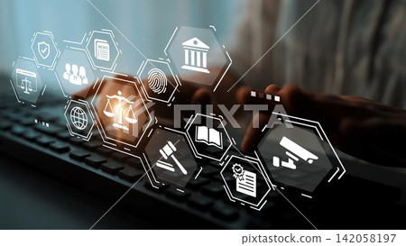 Digital Interface with Legal Icons and Keyboard in a Soft Blue Light for Law and Justice Concepts and Online Legal Support Services Gluon 142058197