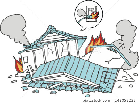 Simple illustration of an electrical fire caused by a collapsed house and an electrical outlet (electrical fire, earthquake, disaster prevention, secondary disaster) 142058225